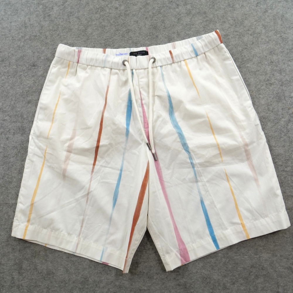 Ted Baker London Shorts Mens 34 White Flat Front Watercolor Stripe Drawstring